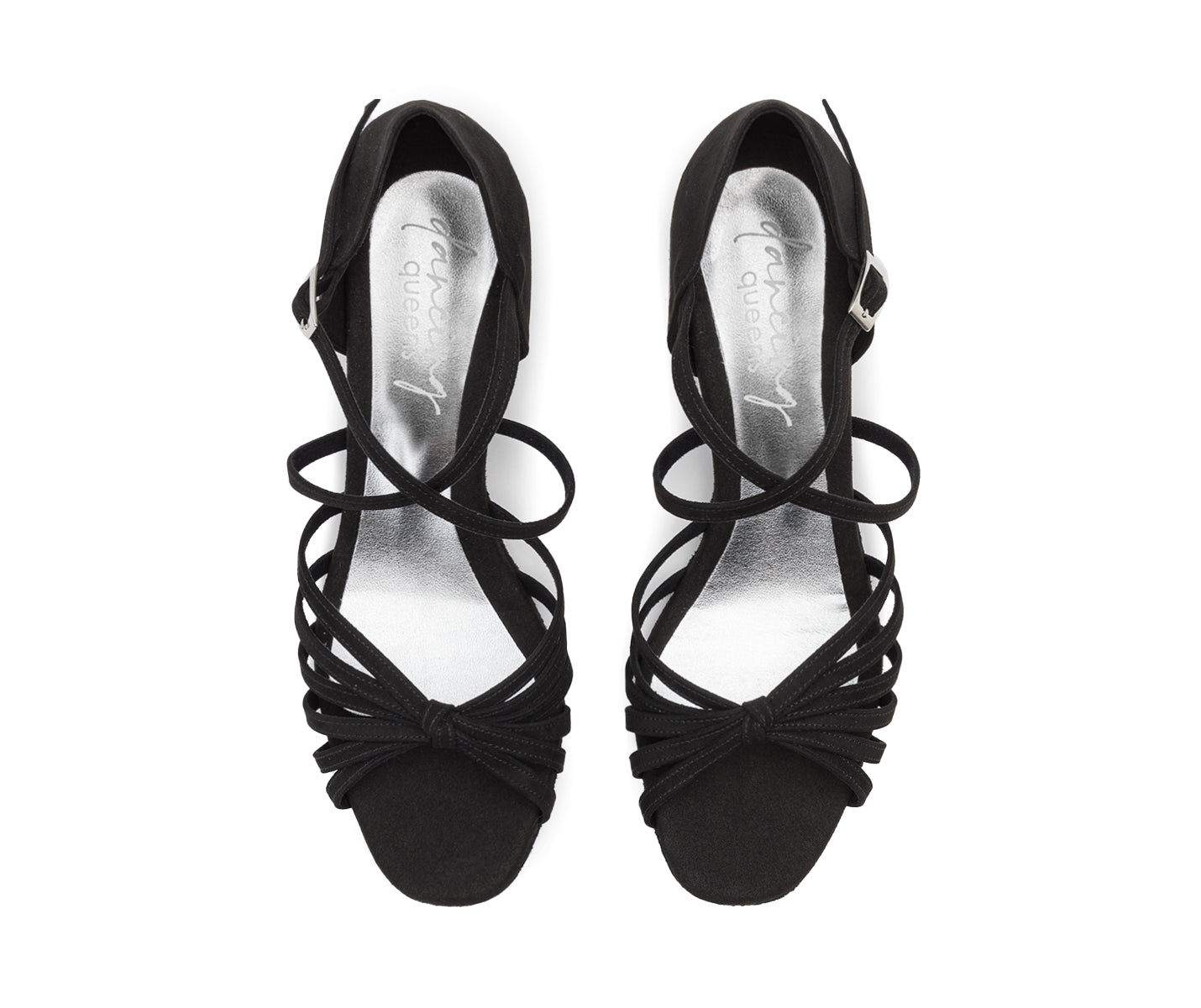 Tanzschuhe 205 von Dancing Queens: schwarzes Wildleder, offene Zehenpartie, Riemchenabsätze mit Knöchelschnallen auf weißem Hintergrund.