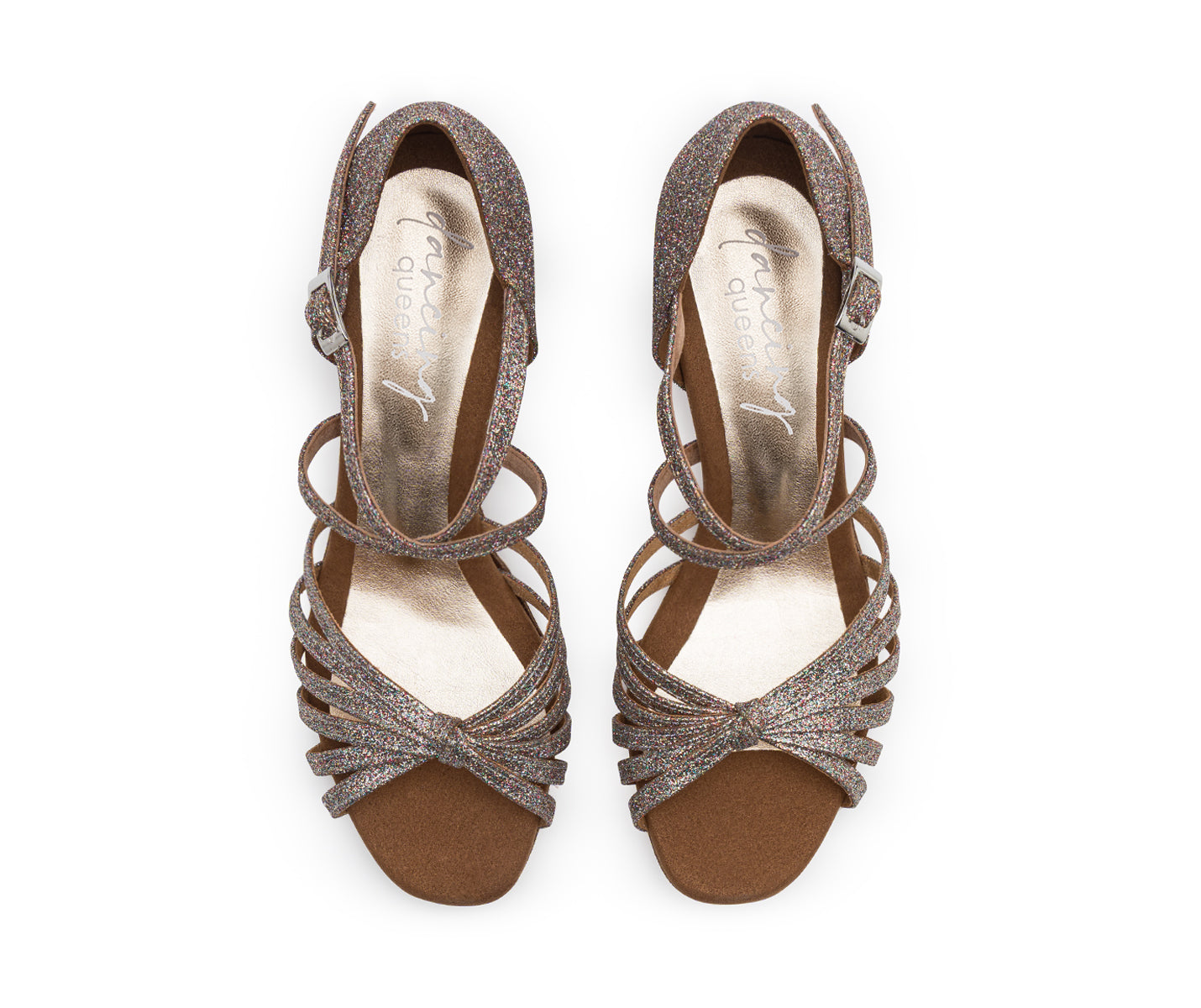 Draufsicht auf die 205 Tanzschuhe von Dancing Queens in Multiglitter, offene High Heels glitzert und schimmert auf Weiß.