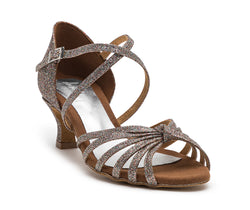 205 Tanzschuhe in Multiglitter von Dancing Queens: Knöchelschnalle und niedriger Absatz, ideal für Bachata-, Salsa- und Tango-Nächte.