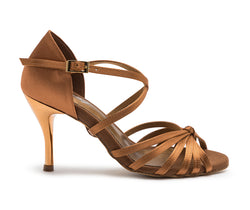 Dancing Queens 205 Tanzschuhe in Satin Tan: Brauner Riemchen-High-Heel-Tanzschuh mit Schnalle und Kreuzriemen.