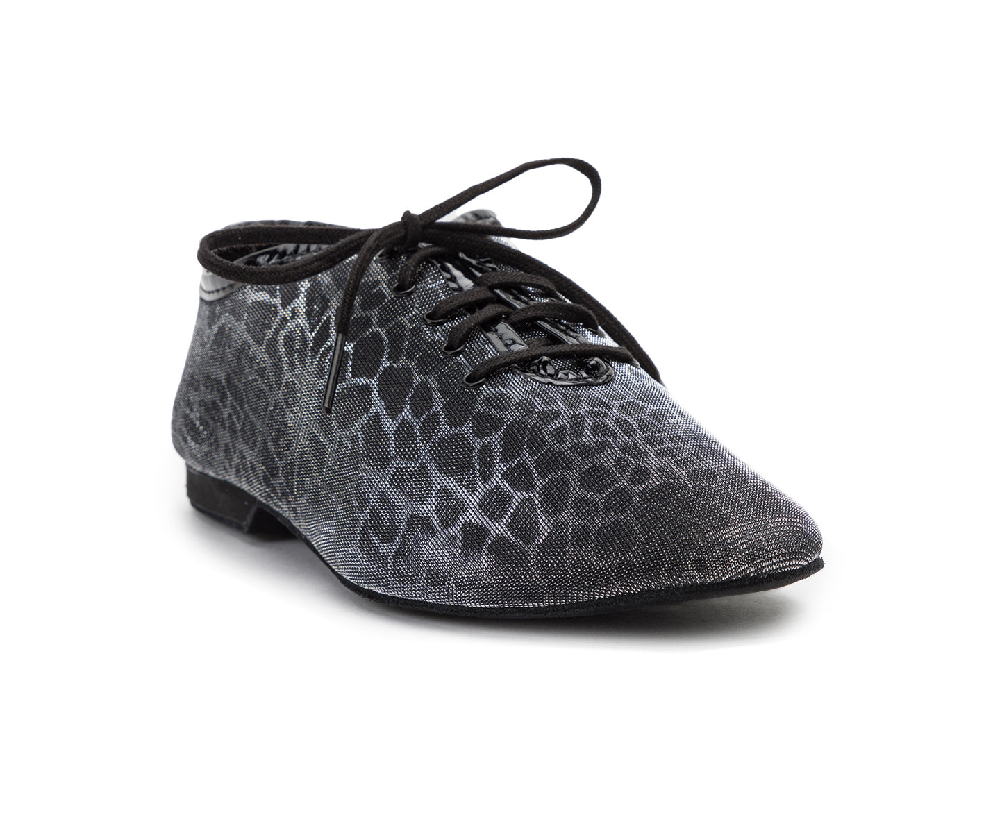 Schwarzer Dancing Queens 550/J03 Jazzschuh mit reptilienartiger Textur, niedriger Absatz in Schwarz/Silber.