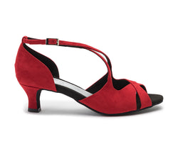 736 Tanzschuhe von Dancing Queens: Rotes Wildleder, offene Zehenpartie, Knöchelriemen, niedriger Absatz – ideal zum Bachata-Tanzen.