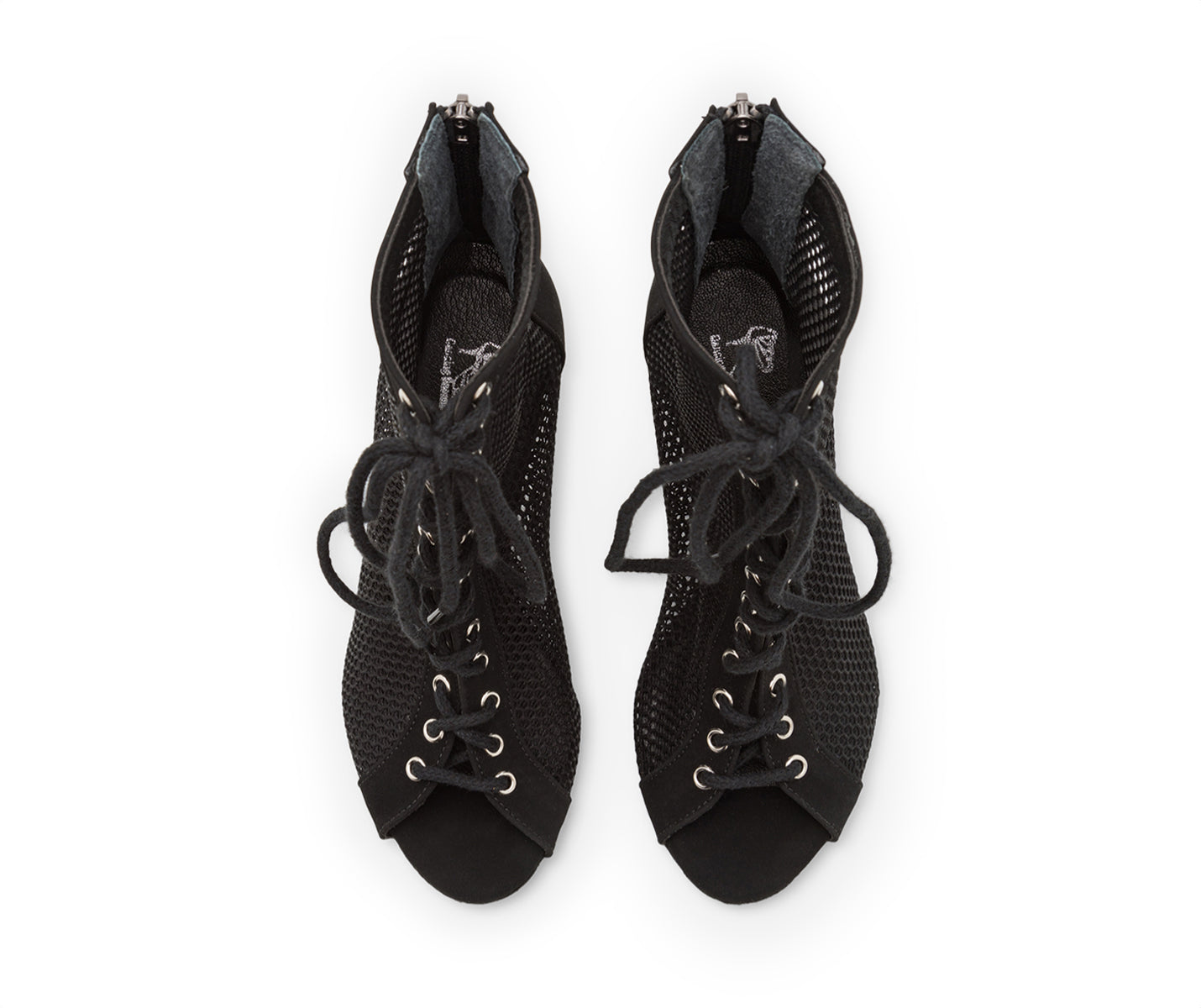 Halley Heels Tanzschuhe von Dancing Queens: schwarze Schnür-Sneaker aus Mesh mit offenen Zehen und Reißverschlüssen von oben betrachtet.