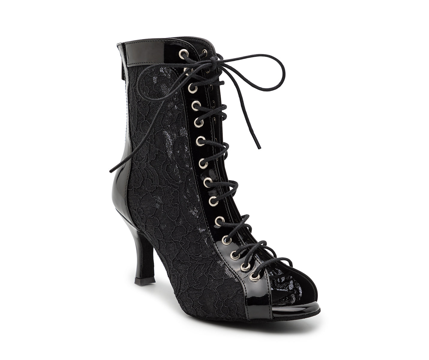 Halley Heels von Dancing Queens: glänzend schwarze Schnürstiefelette, Peep Toe, perfekt für Bachata oder Heels-Tanz.