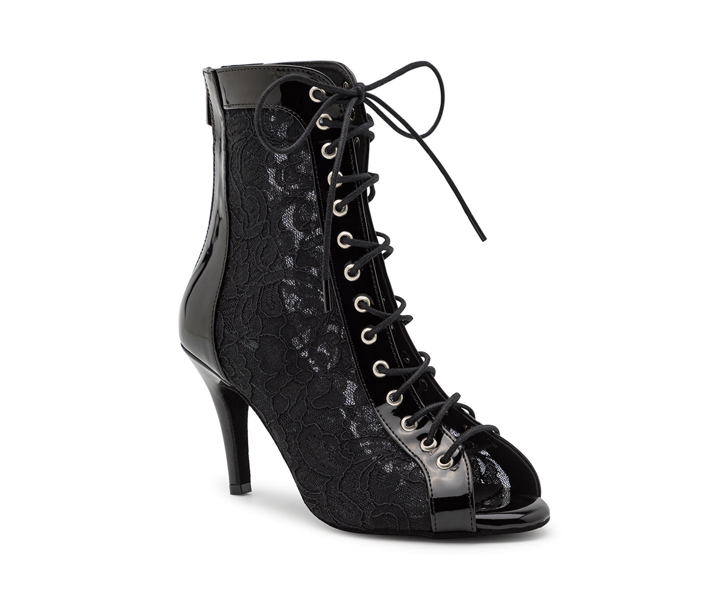 Halley Heels Schnürstiefelette von Dancing Queens: Peeptoe, High Heel, schwarzes Lackleder mit floraler Spitze, ideal für Bachata.