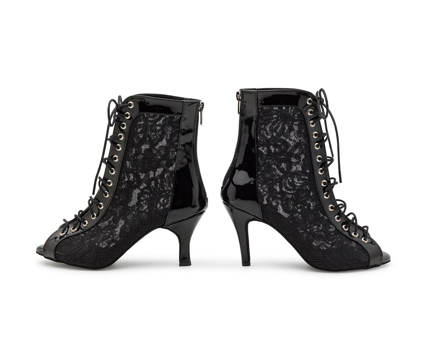 Halley Heels von Dancing Queens: Schwarze Stiefeletten mit floraler Spitze, Reißverschlüssen und Stilettos – ideal für Bachata-Nächte.
