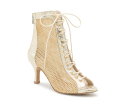 Halley Heels Dance Tanzschuhe von Dancing Queens in Goldglitzer; Peep-Toe-Mesh-Stiefelette mit niedrigem Absatz, ideal für Bachata.