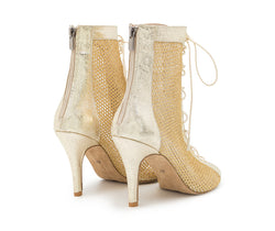 Halley Heels Gold Glitter High Heels zum Schnüren von Dancing Queens, perfekt für Bachata, mit Reißverschluss hinten.