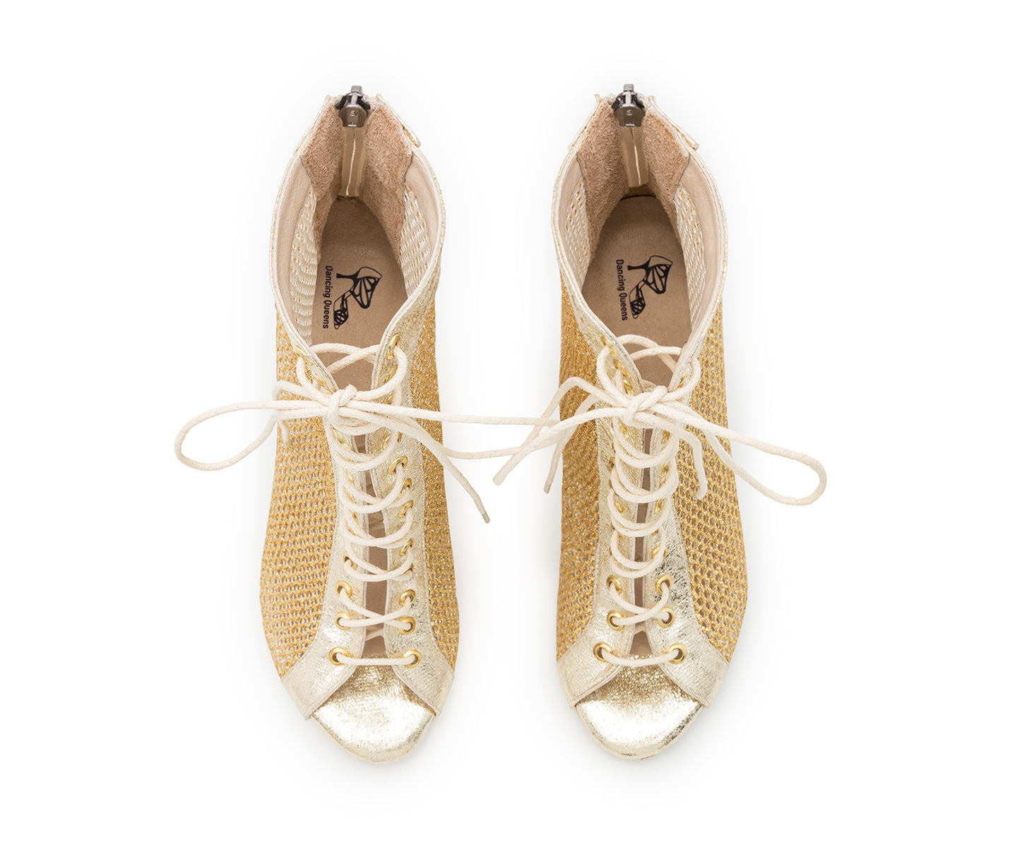 Halley Heels Dance Tanzschuhe in Gold Glitter von Dancing Queens, von oben auf weißem Hintergrund betrachtet.