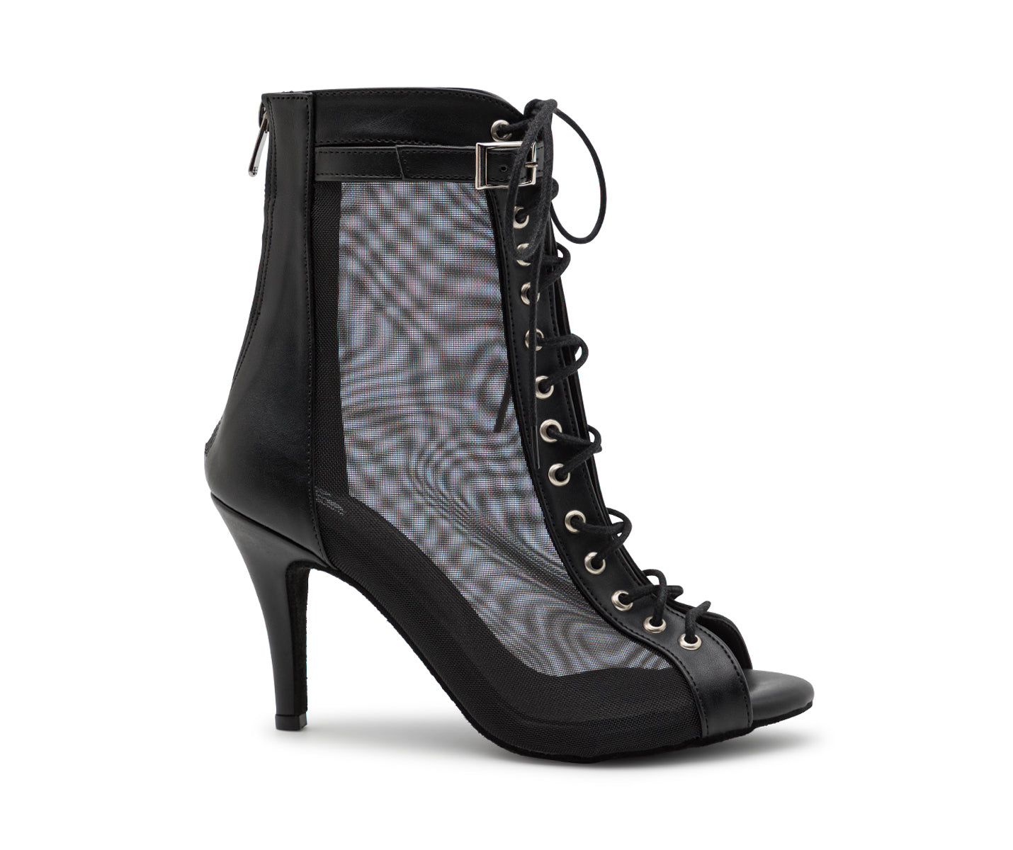 Tarff-Tanzschuhe in Schwarz von Dancing Queens: schwarzer Stiefel mit hohem Absatz, Netzseiten, Schnürung vorne, Schnallendetail.