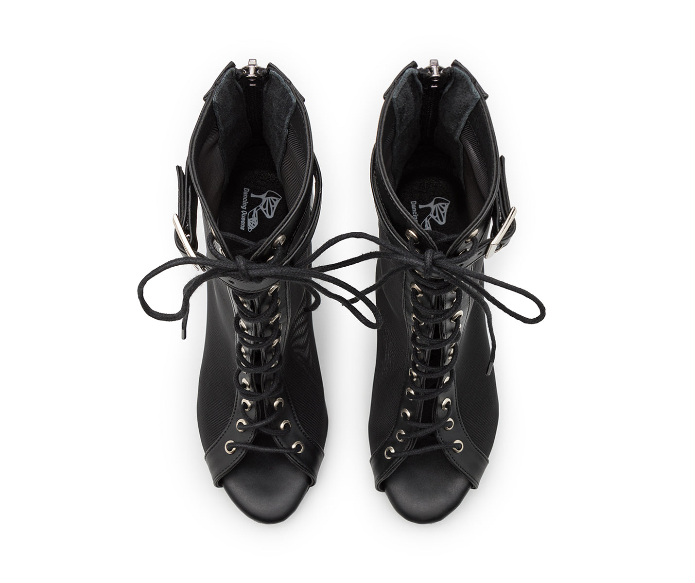 Tarff-Tanzschuhe in Schwarz von Dancing Queens, Stiefeletten mit Schnürung und seitlichen Reißverschlüssen für den High Heels-Tanz.