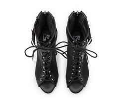 Tarff-Tanzschuhe in Schwarz von Dancing Queens, Stiefeletten mit Schnürung und seitlichen Reißverschlüssen für den High Heels-Tanz.