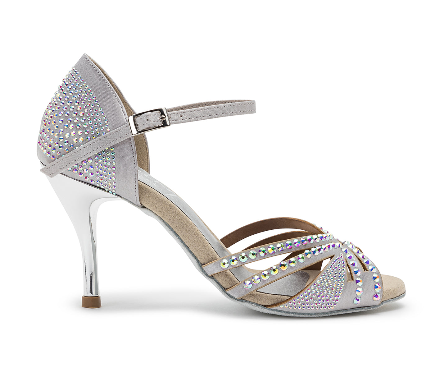 Dancing Queens' Sparkle Shine Tanzschuhe in Silber Satin mit Knöchelriemen und Strassdetails.