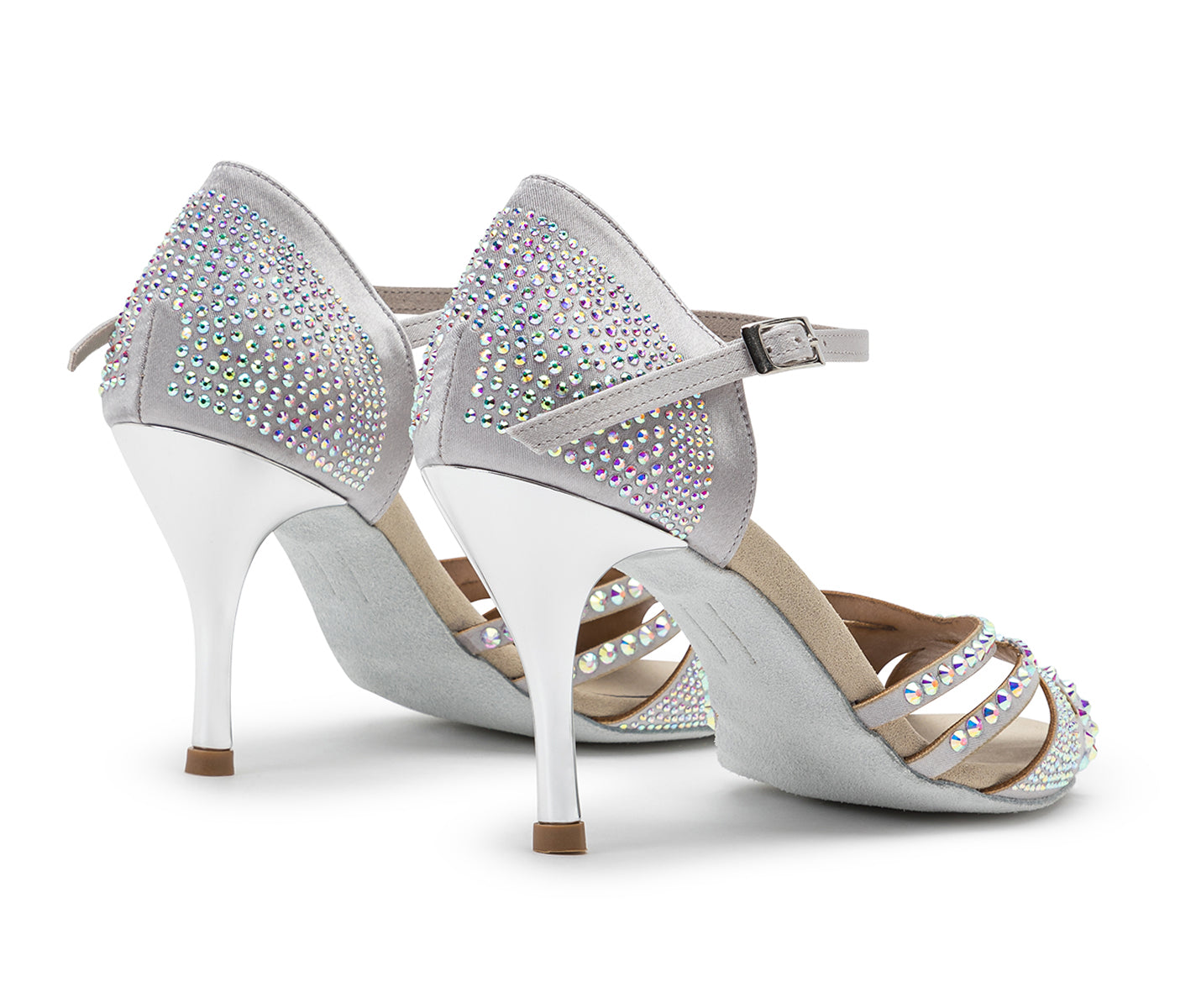 DQ L3M Tanzschuhe von Dancing Queens: Silberne Sandalen mit Strasssteinen und Fesselriemchen, Rückansicht abgebildet.