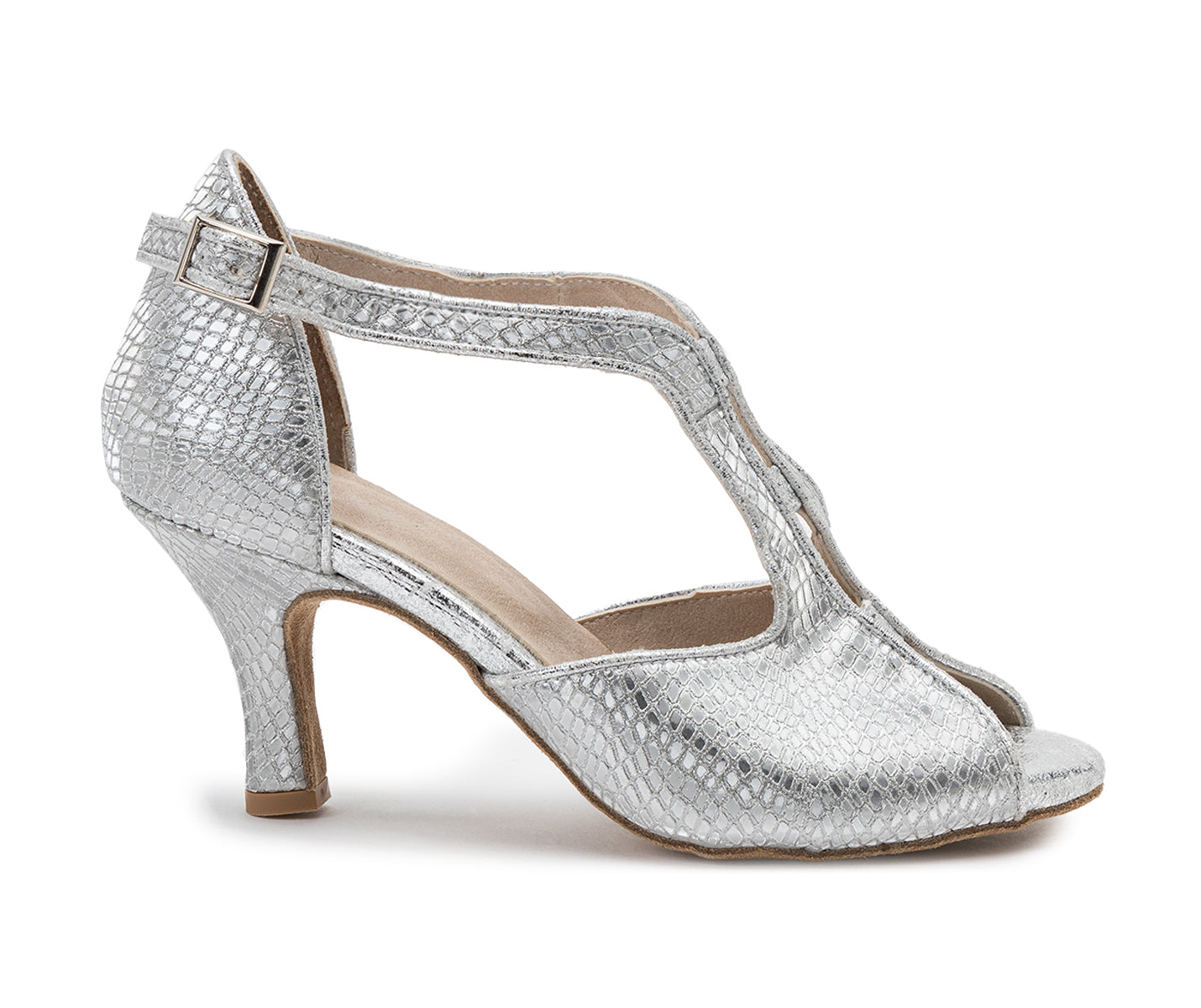 Silberne ESP11-Tanzschuhe von Dancing Queens; T-Riemen-Pumps mit strukturiertem Muster und Schnallenverschluss.