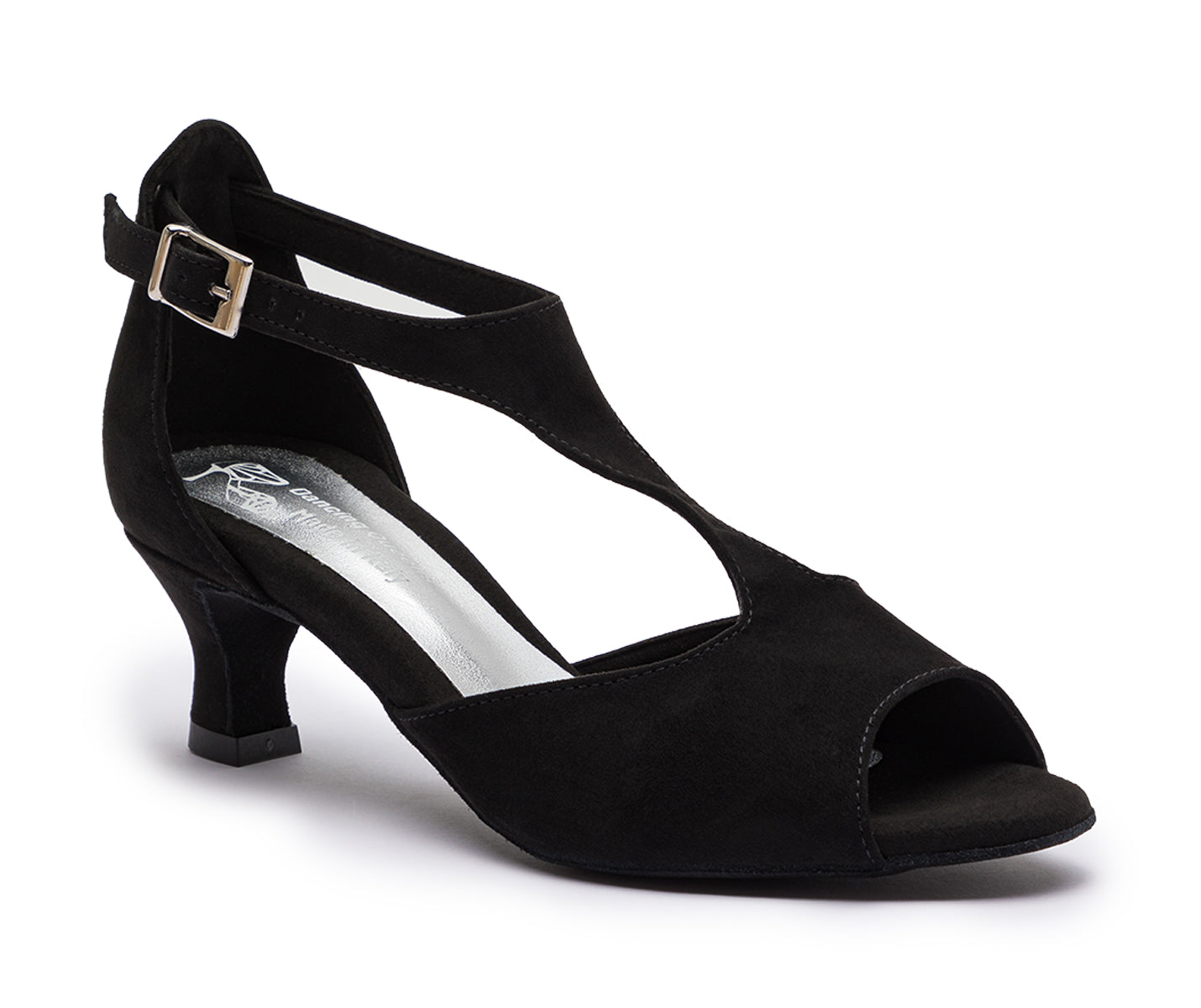 Dancing Queens DQ1001: Schwarzer Peep-Toe-Tanzschuh mit Fesselriemchen, niedrigem Absatz und silberner Schnalle aus bequemem Wildleder.