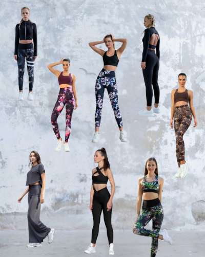 Neun Frauen posieren in verschiedenen farbenfrohen und stilvollen Activewear-Outfits vor einem hellen, strukturierten Wandhintergrund.