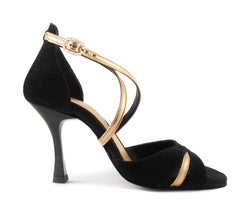 Die Tanzschuhe PD816 von Portdance aus schwarz-goldenem Leder verfügen über überkreuzte Riemen und eine Knöchelschnalle.