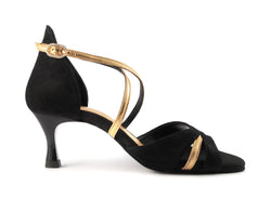 Portdance PD816 Tanzschuhe, schwarz/goldenes Leder, überkreuzte Riemen und Schnalle.