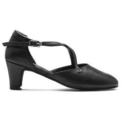 Seitenansicht von Rumpfs 2020 Broadway Tanzschuhen in Schwarz: schwarze Tanzschuhe mit Absatz, Knöchelriemen und Chromledersohle.
