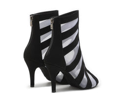 Hale Boop Tanzschuhe von Dancing Queens in Schwarz, schwarz-weiß gestreifte High Heels mit Reißverschluss hinten.