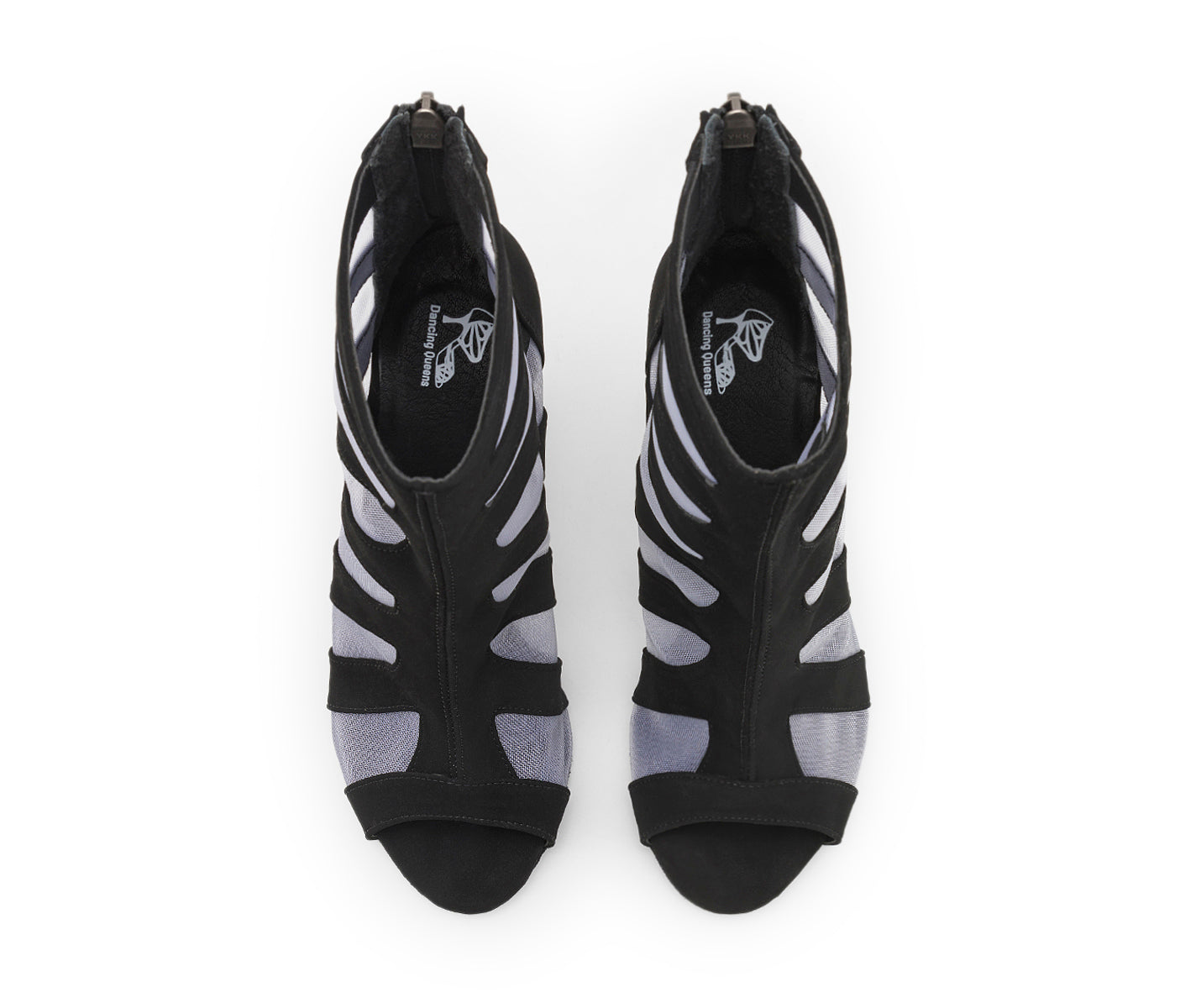 Draufsicht der Hale Boop Tanzschuhe in Schwarz von Dancing Queens, offener Stil auf weißem Hintergrund.