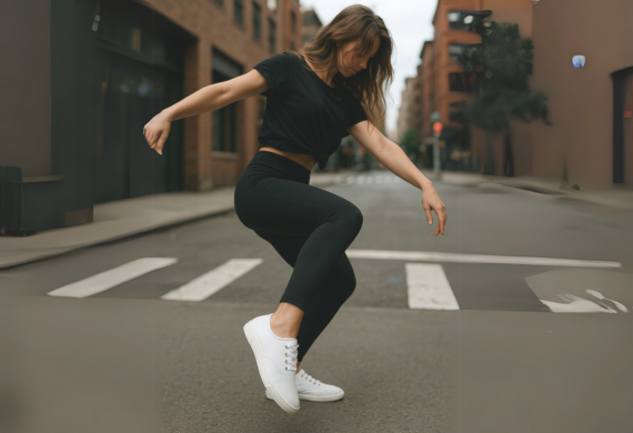 Frau in schwarzem Outfit und weißen Turnschuhen balanciert auf einem Fuß in der Mitte einer Stadtstraße.