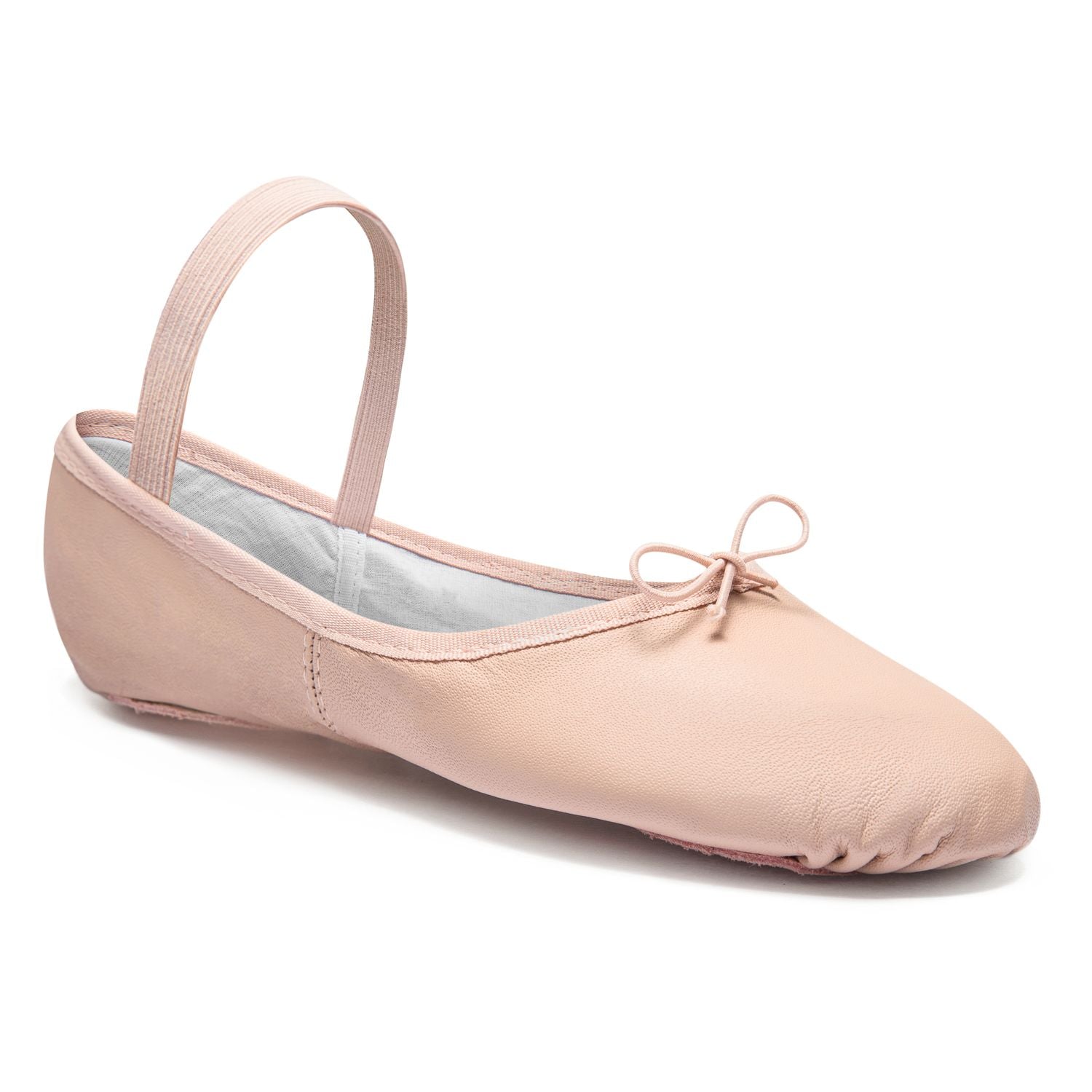 Rosa Rumpf 1003 Ballettschläppchen Leder Schrägansicht, mit Gummiband und Schleife.
