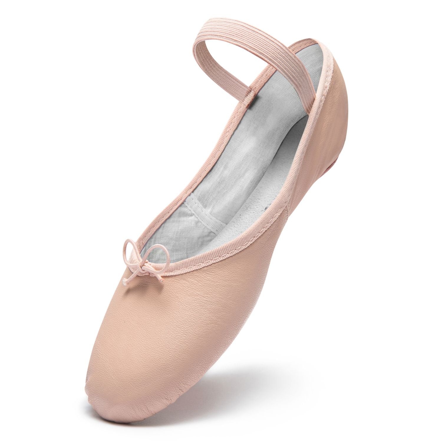 Das Rumpf 1003 Ballettschläppchen Leder in Rosa ist ideal für Kinderanfänger und verfügt über eine kleine Schleife und einen Riemen.