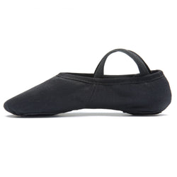 Rumpf 1006 Elastico Schwarz Ballettschläppchen mit Gummiband und Chromledersohle, Seitenansicht auf weißem Hintergrund.