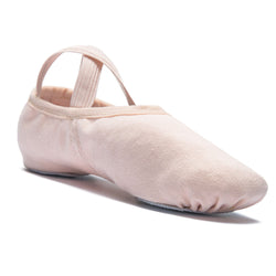 Rumpf 1006 Elastico Ballettschläppchen in Hellrosa mit elastischen Trägern und Chromledersohle auf weißem Hintergrund.