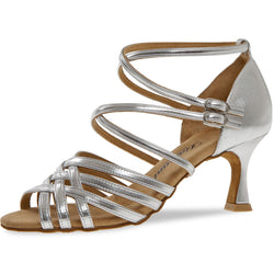 Handgefertigte Diamant „108“ silberne Tanzschuhe mit mittlerem Absatz und Knöchelriemen.