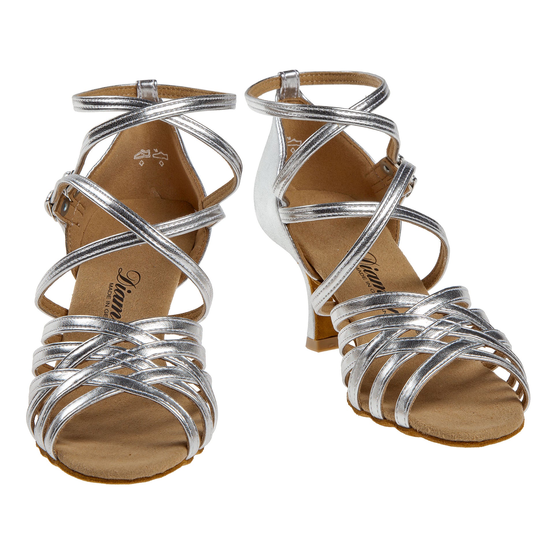 Handgefertigte 108 Tanzschuhe Silber von Diamant, Sandalette mit Riemchen und Schnalle auf weißem Hintergrund.