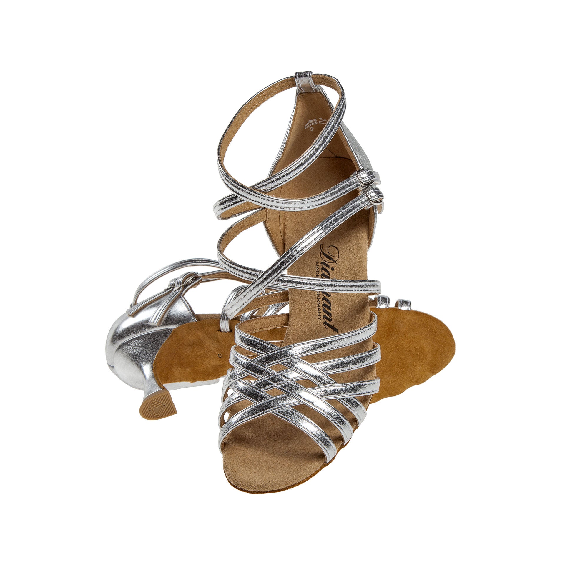 Silberne 108 Tanzschuhe von Diamant, handgefertigt mit niedrigem Absatz auf weißem Hintergrund.