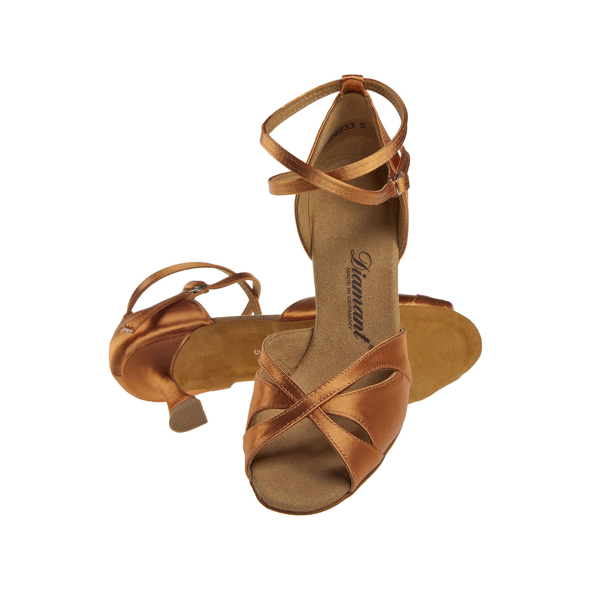 Handgefertigte Diamant 141 Bronze-Tanzschuhe mit Kreuzriemen und niedrigen Absätzen auf weißem Hintergrund.