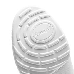 Nahaufnahme der Sohle des 1567 Zuma Tanzsneakers von Rumpf mit kreisförmigem Profil und der Prägung „Rumpf“ in der Mitte.