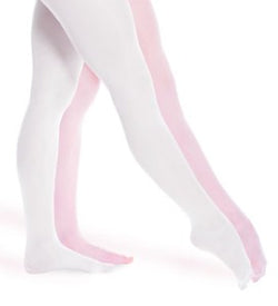 Zwei Personen in Rumpfs 104 Ballettstrumpfhose Elastic in Weiss, auf Zehenspitzen stehend mit sichtbaren Schatten.