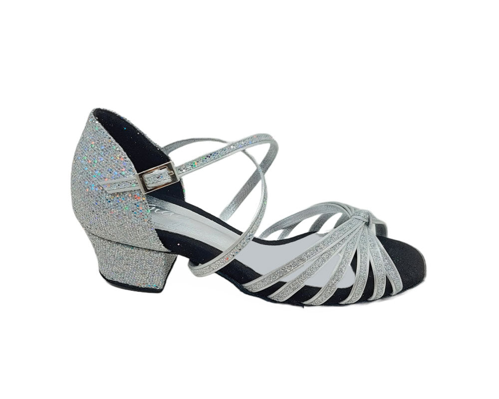 Lidmags 205 Tanzschuhe in Prisma Silver mit glitzerndem Absatz und überkreuzten Riemen, Seitenansicht.