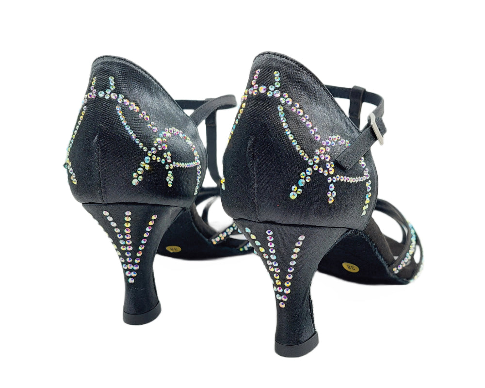 Lidmag L9 schwarze Satin-Strass-Tanzschuhe mit hohem Absatz und Fesselriemchen.