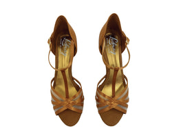 Draufsicht der 705 Tanzschuhe von Lidmag in Bronze mit Knöchelriemen und gekreuztem Design auf weißem Hintergrund.
