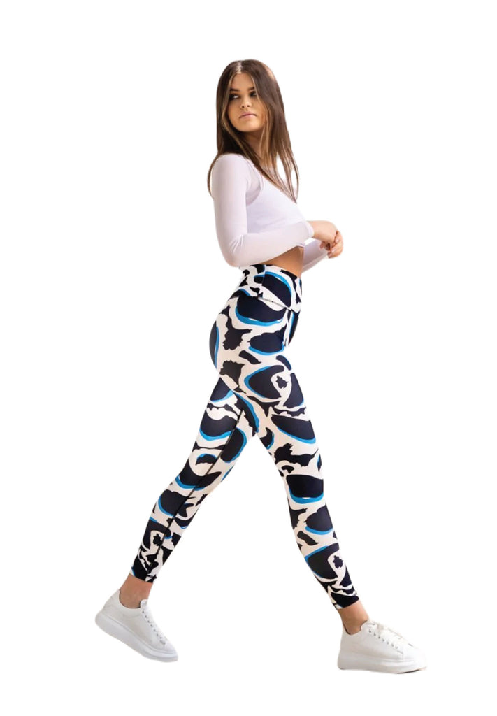 1188 Leggings de cintura alta estampadas en azul, blanco y negro