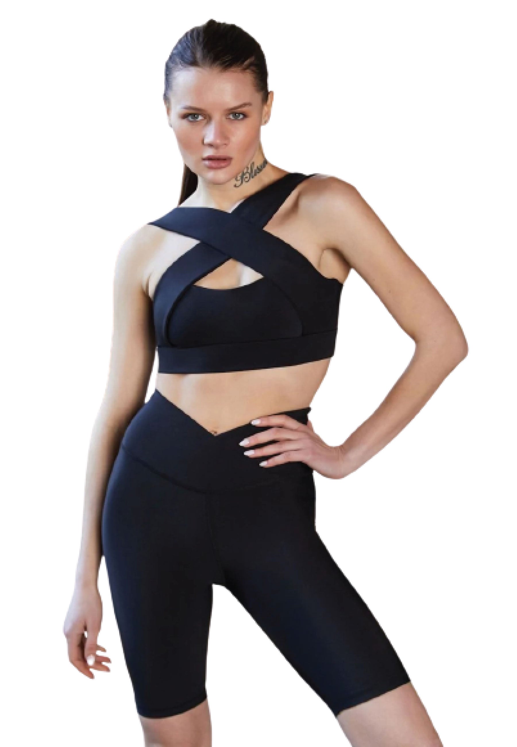 Person in Lismina 6010 Biker-Leggings Ve Waist in Schwarz mit stylischer Pose, überkreuzte Träger auf Weiß.