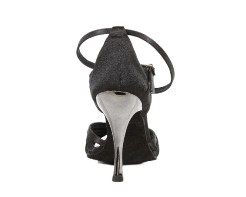 Rückansicht von Lidmag 584 / 210 Raso Nero in Schwarz mit dünnem Riemen und metallischem Stilettoabsatz.