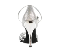 Lidmags 584 Tanzschuhe: Silberne Glitzer-High-Heels mit Wildledersohle, von hinten gesehen.