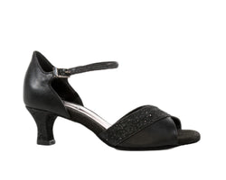 Der Tanzschuh 704 aus schwarzem Leder und Glitzer von Lidmag verfügt über einen glitzernden Knöchelriemen und einen mittelhohen Absatz.