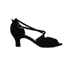 Schwarze Wildleder 736/486 Tanzschuhe von Dancing Queens mit Fesselriemchen & Peep Toe, ideal für Bachata, Seitenansicht auf Weiß.