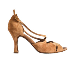 Lidmag 736 Beige Suede: Hoher Absatz, offene Zehenpartie, Knöchelriemen – perfekt für elegantes Tanzen.