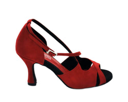 736 Tanzschuhe von Dancing Queens: rotes Wildleder, Knöchelriemen, offene Spitze, ideal für Bachata.