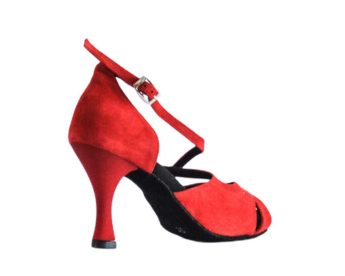 Grace Harmony Tanzschuhe in Rot Wildleder von Dancing Queens, zehenoffener High Heel mit Fesselriemen und schwarzer Sohle.