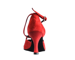 736 Tanzschuhe in Rot Wildleder von Dancing Queens, High Heel mit Fesselriemchen für Bachata, Rückansicht.